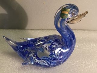 Gorgeous Vintage Murano Art Glass Swan Blue And White Swirls With Orig.  Sticker
