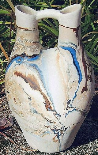 Vintage 10 " Nemadji Native American Pottery Wedding Vase Blues Browns Earthy