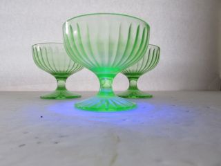 Vintage Federal Glass Green Vaseline Uranium Paneled Sherbet Cups Bowls Set Of 3