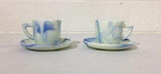 Vintage Akro Agate Swirl Blue Demi - Tasse Set,  2 Cups And Saucers