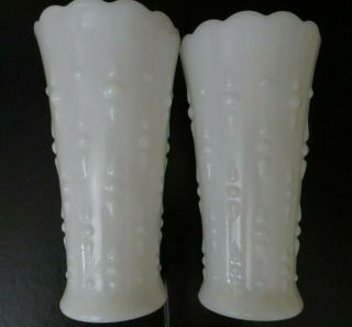 2 Vintage White Milk Glass Bouquet Vases Hobnail Scalloped Edge Pears & Teardrop