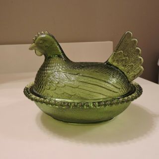 Vtg Indiana Glass Hen On Nest Green Chicken Lidded Candy Nut Dish Bowl