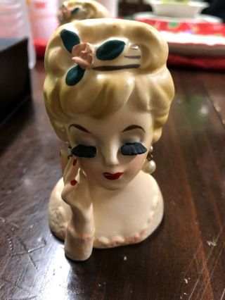Small 3.  5 " Vintage Inarco Lady W/ Pearl Earrings Head Vase E480 Porcelain 1963