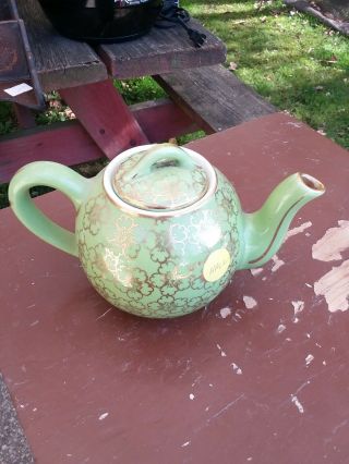Vintage Hall Pottery Small Teapot Green And Gold