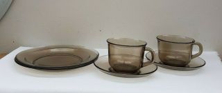 2 X Vintage Retro 1970s Smoked Glass Arcoroc Tea/coffee Cup & Saucer & 2 Plates