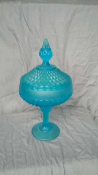 Vintage Indiana Glass Frosted Blue Diamond Point Pedestal Candy Dish W/ Lid