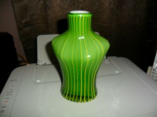 Eastern Hand Blown Art Glass Vase Green With White Stripes & Interior Guc Rare