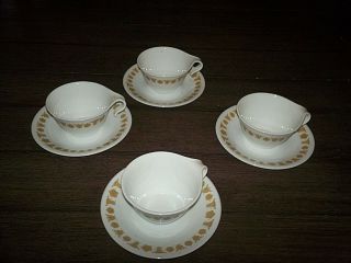 Vtg Corelle Butterfly Gold Set Of 4 Coffee Cups Mugs Hook Handles & Saucers