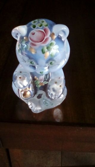 Fenton Bear Opalescent Hand Painted W/roses And Gold Leaves And Paw.