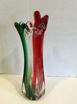 Murano Glass Chunky Lobed Finger Vase 22 Cm Green Red Clear Hand Blown Retro