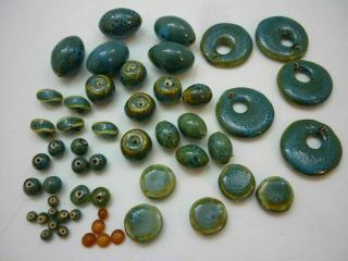 Vintage Studio Pottery Beads - Blue Speckled Glazed Ceramic Beads,  More