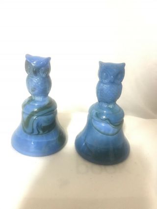 2 Boyd Glass Owl Bell Bells Blue With Green Swirls No Clappers