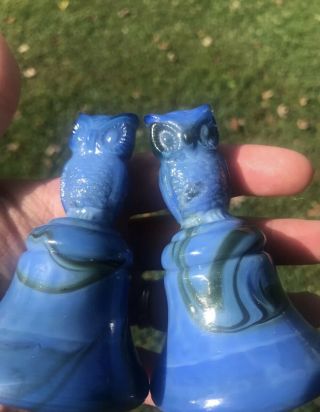2 Boyd Glass Owl Bell Bells Blue With Green Swirls No Clappers 2