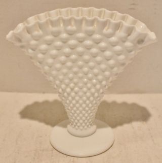 Vtg Large Fenton White Milk Glass Hobnail Fan Vase - 8 " Tall - Euc