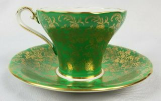 Vintage Aynsley England Bone China Tea Cup And Saucer Green With Gold Trim C869