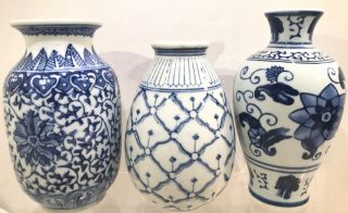3 Small Porcelain Chinese Blue & White Vases 5.  5” - 6.  25” Tall,  1 From Bombay Co.