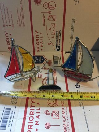 Vintage Stained Glass Standing Leaded Sailboats,  Small Hanging Lighthouse