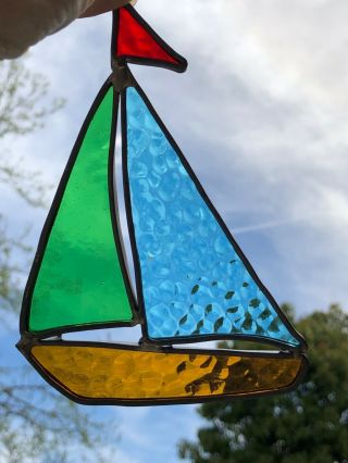 Stained Glass Sail Boat Sun Catcher Orange,  Green,  Blue & Red Flag Vintage?