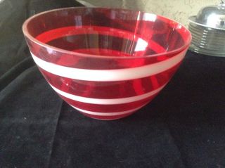 Collectible Retro Red With White Swirl Murano Style Art Glass Bowl 8.  5 " Diameter