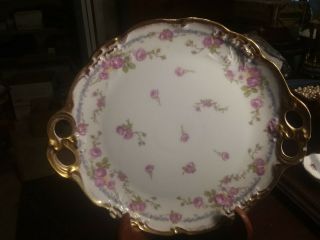 J&p Limoges Hand Painted Large Gold Embossed Cake Plate Pink Roses 1890s