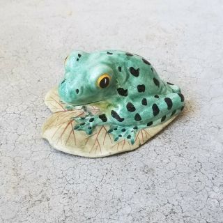 Vintage Italian Majolica Ceramic Frog on Lily Pad Figurine Statue - Marked 2
