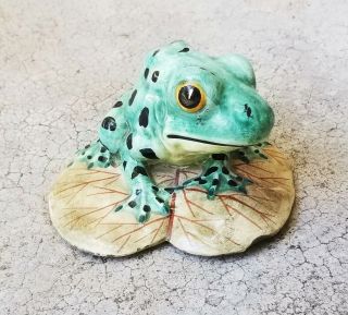 Vintage Italian Majolica Ceramic Frog on Lily Pad Figurine Statue - Marked 3