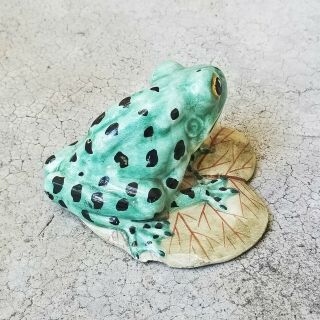 Vintage Italian Majolica Ceramic Frog on Lily Pad Figurine Statue - Marked 4