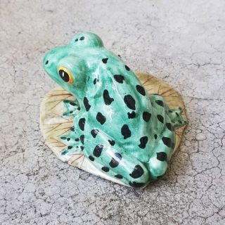 Vintage Italian Majolica Ceramic Frog on Lily Pad Figurine Statue - Marked 5