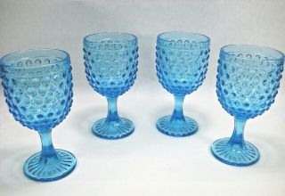 Hobnail Blue Glass Water Wine Goblets Set Of 4 Glasses Dots Bowl Cut Star Base