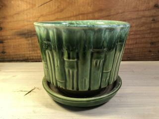 Vintage Mccoy Usa Green Bamboo Planter W/attached Saucer & Drainage
