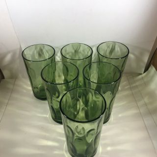 Set Of 6 Vintage Green Glass Drinking Glasses Thumbprint Tumblers