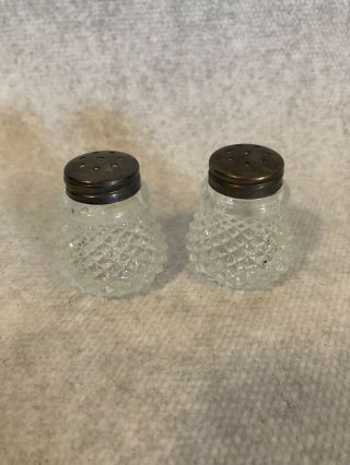 Vintage Salt & Pepper Shakers Set Of 2 Silver Metal Tops 1.  5” Clear Cut Glass