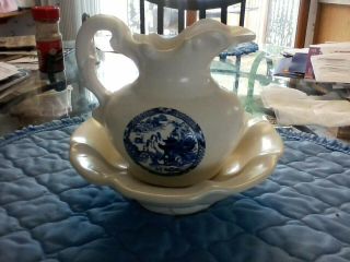 Vintage 1940s Mccoy Water Pitcher And Bowl With Oriental Blue & White Motif