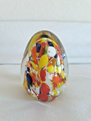 Egg Shaped Art Glass Paperweight With Swirled Colors Inside