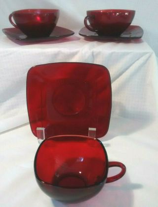 Yu8 Pc 1950s Anchor Hocking Ruby Red Charm Square 4 Cup & 4 Saucer Set