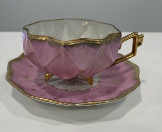 Royal Sealy Japan Lusterware Teacup Art Deco Footed Pink Gold Cup Saucer