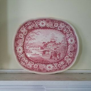 Large Antique Staffordshire Red Pink Transferware Platter 17.  5 " X 15 " Cottage