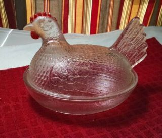 Vintage Indiana Clear Glass Red Comb Chicken Hen On Nest Covered Candy Dish