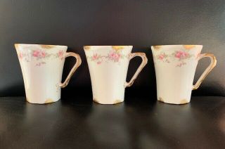 3 Haviland Limoges France Vintage Chocolate Cups Pink Flowers,  Gold