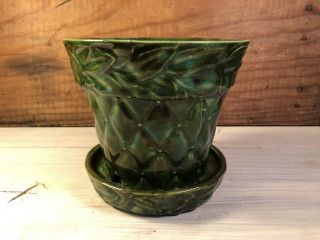 Vintage Mccoy Usa Green Quilted Diamond Planter W/attached Saucer