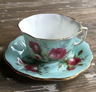 Hammersley England Vintage Floral Robin’s Egg Blue Gold Band Tea Cup Saucer Set