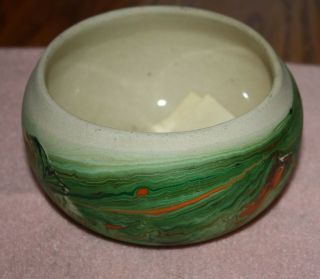Nemadji Bowl Green And Orange Internal Glazing For Use With Liquids 2 3/4 " X 4 "