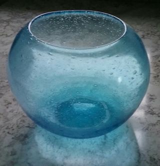 Vintage Hand Blown Art Glass Vase Ice Blue Dimpled Pinched W/ Controlled Bubbles