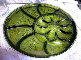 Vintage Indiana Glass Pebble Leaf Tree Green Relish Deviled Egg Tray Platter