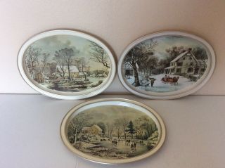 Vintage Currier And Ives 14 1/2” Oval Metal Serving Tray Set Of 3