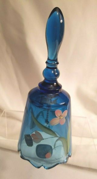 Fenton Glass Bell Cobalt Hand Painted P.  Lauderman With Sticker And Signed