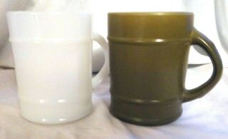 2 Vintage Fire King Barrel Mugs Green And White