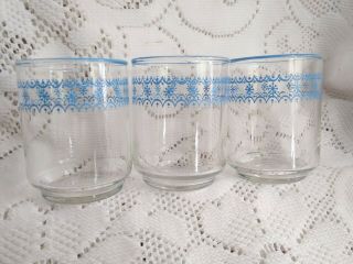 3 Corelle Corningware Pyrex Compatibles Blue Snowflake Garland 6oz Juice Glasses