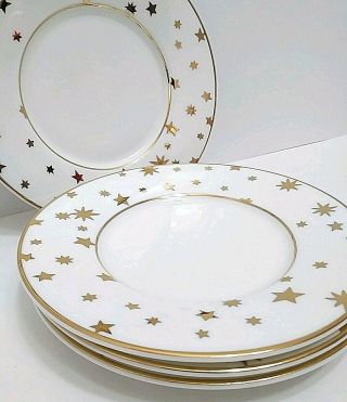 Set Of 4 Sakura Galaxy Saucers Small Plates White Fine Porcelain 14k Gold Stars
