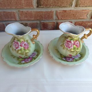 2 - Vintage Hand Painted Lefton China Heritage Gr.  Rose Small Pitcher Basin 5.  25 "
